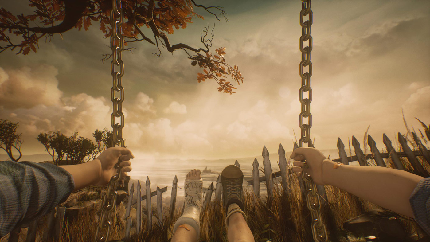 En skärmdump från spelet What Remains of Edith Finch. En flicka gungar på en gunga som hänger i ett träd.