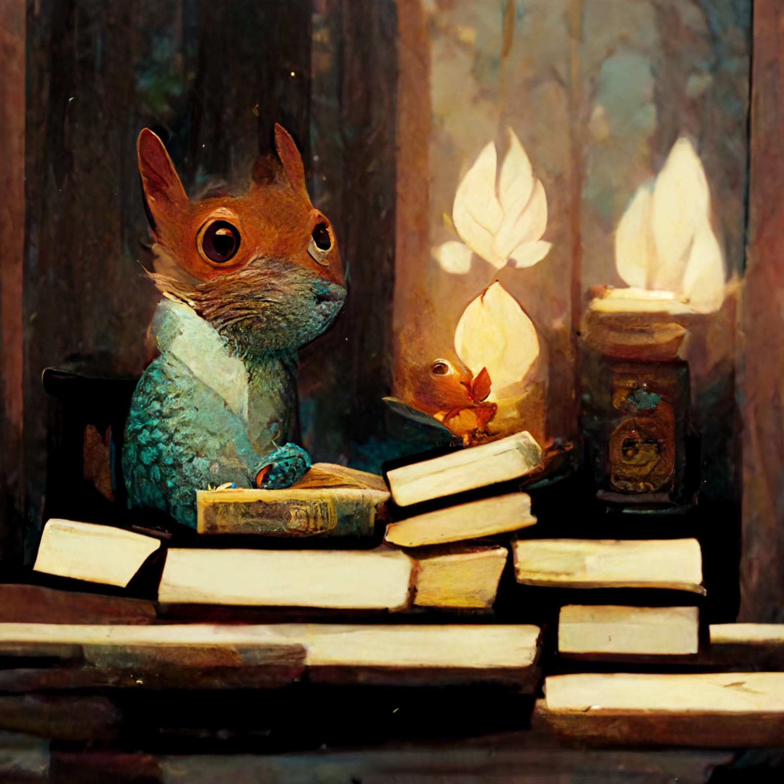 En ekorre som läser böcker.