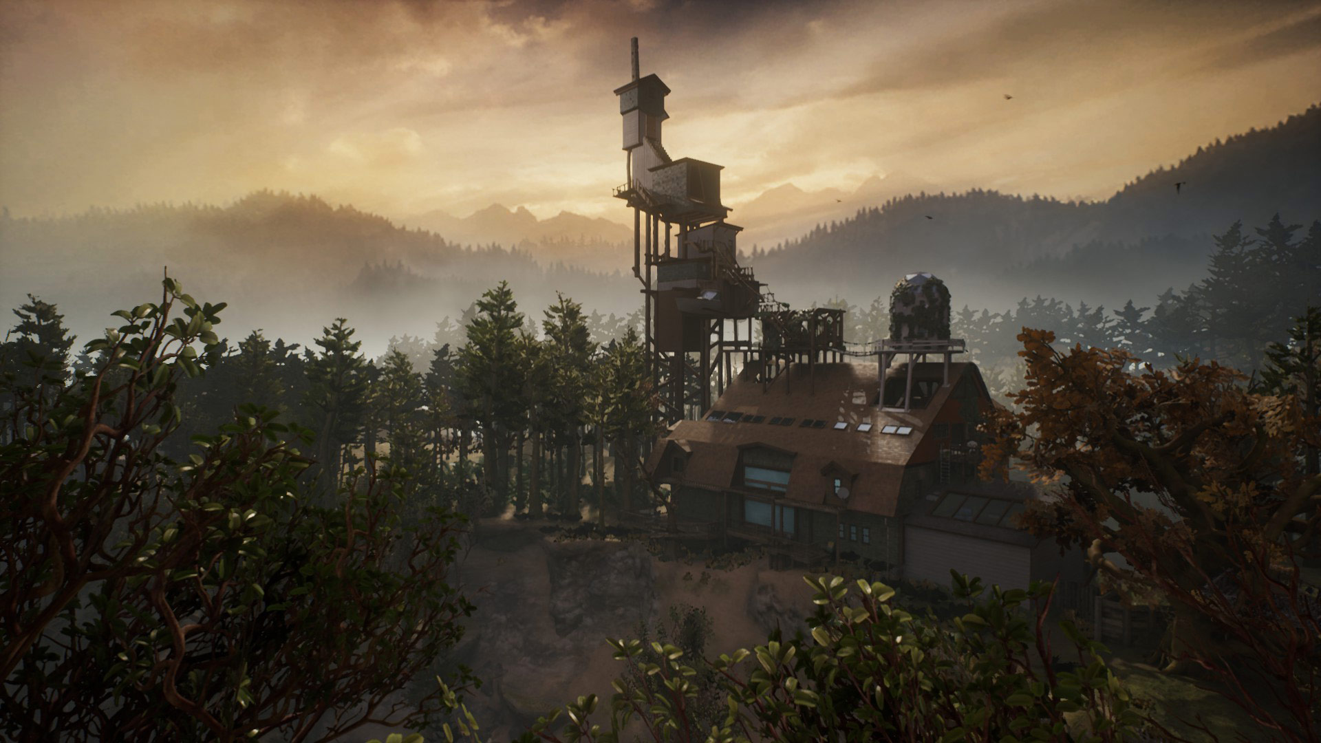 En skärmdump från spelet What Remains of Edith Finch. Ett stort hus skogen..