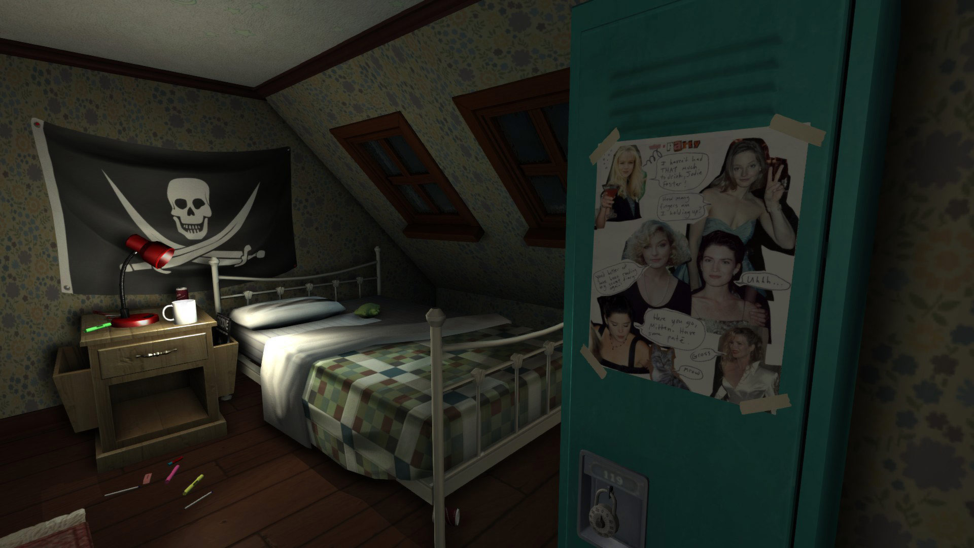 En skärmdump från spelet Gone Home. Ett stökigt flickrum.