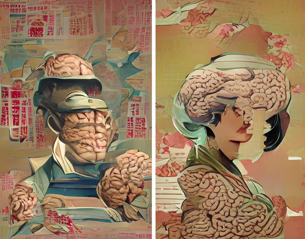 En AI-ritad bild på människor och hjärnor