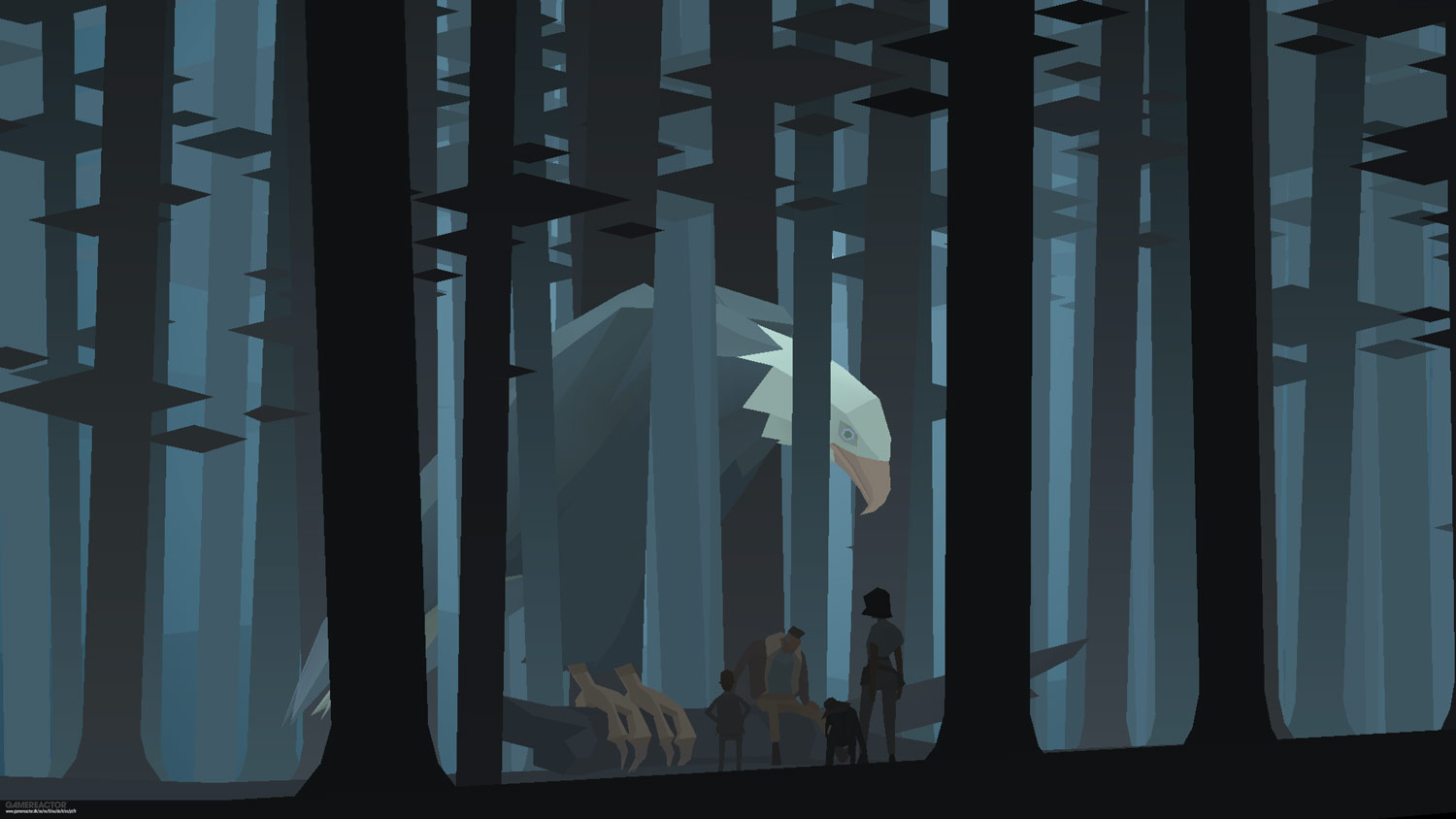 En skärmdump från spelet Kentucky Route Zero. En stor örn i en skog tillsammans med några människor.