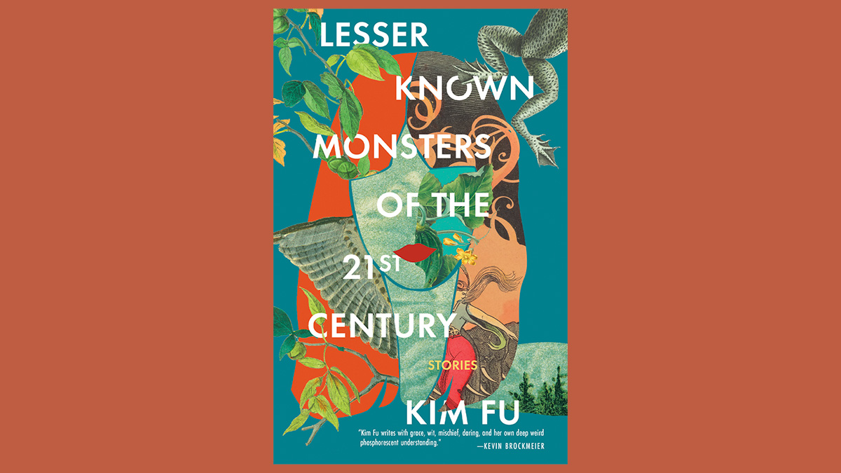 Illustrerat omslag till boken Lesser Known Monsters of the 21st Century, av Kim Fu. Ett färgrikt kollage av ett par grodben, fjärillsvingar, löv av olika de slag, toppen av en parrskog och så vidare. Dessa brokiga delar formar siluetten av en kvinna med röda läppar.