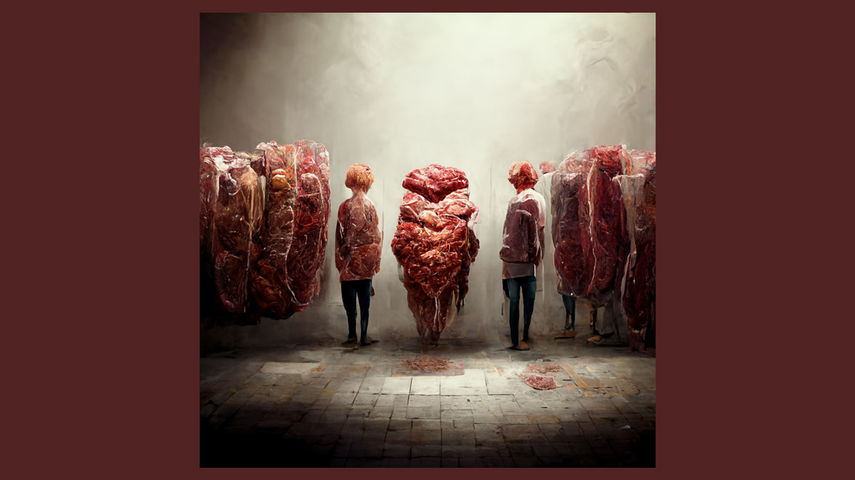 Illustration. Människoliknande köttklumpar som står i vad som ser ut som en frys.
