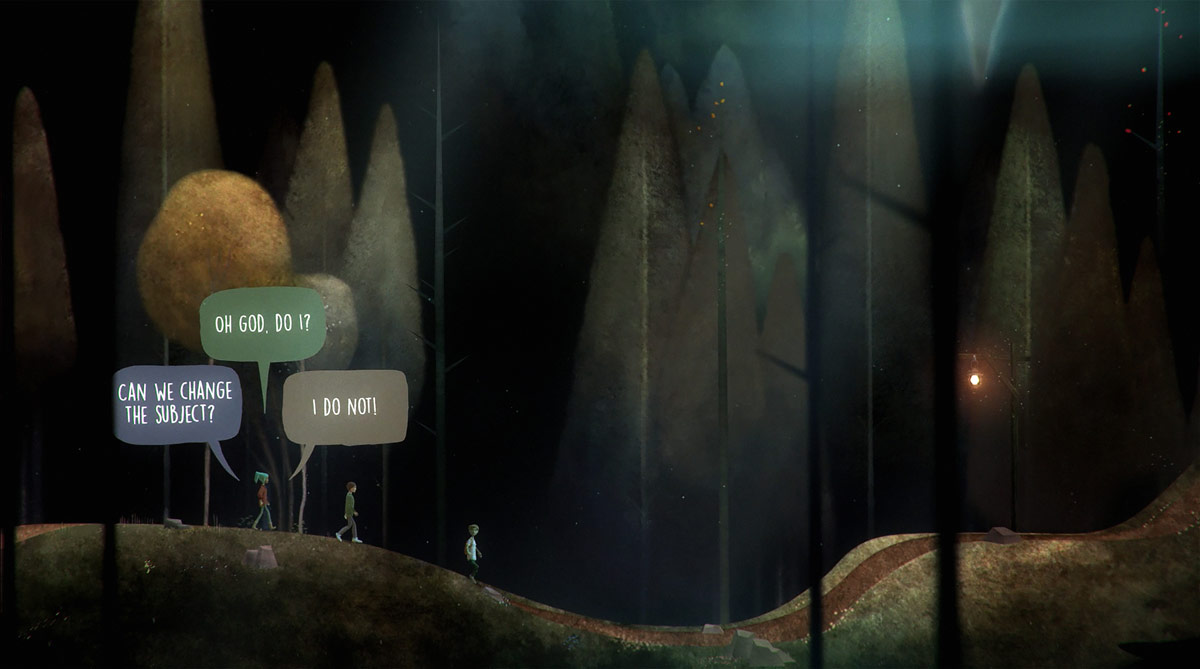 En skärmdump från spelet Oxenfree. Några människor går på led i en skog.
