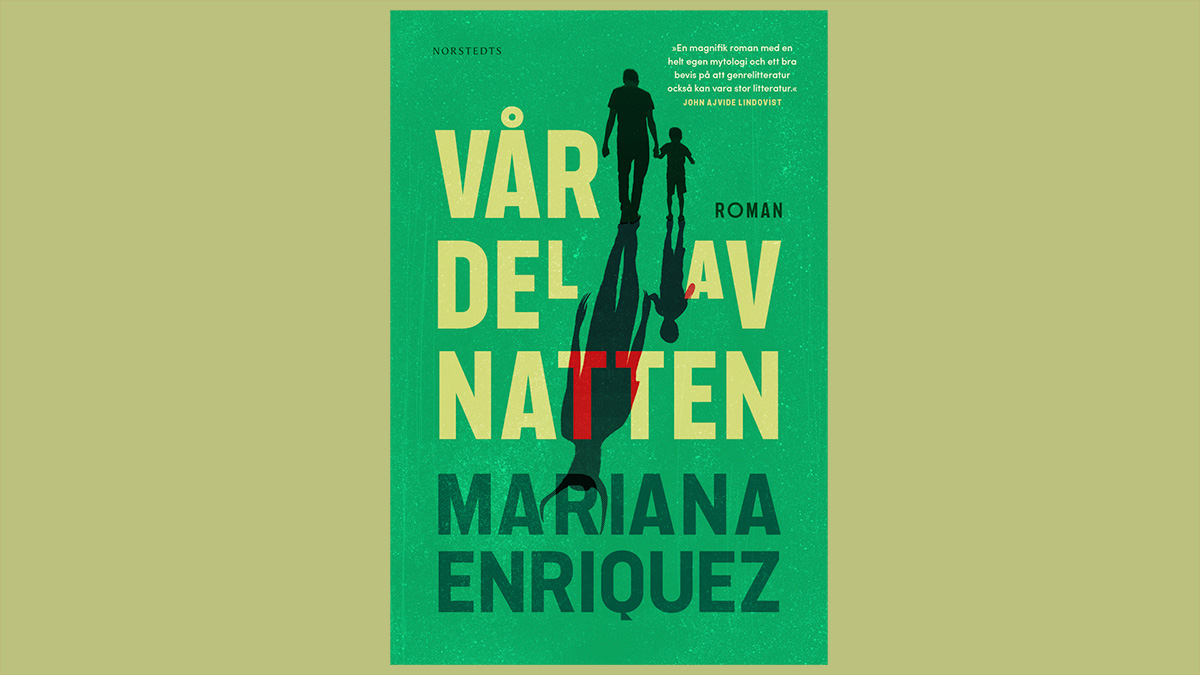 Illustrerat omslag till boken Vår del av natten av Mariana Enriquez. Siluetten av en man och pojke som går hand i hand. I mannen skugga skymtas två horn som växer fram ur hans huvud.